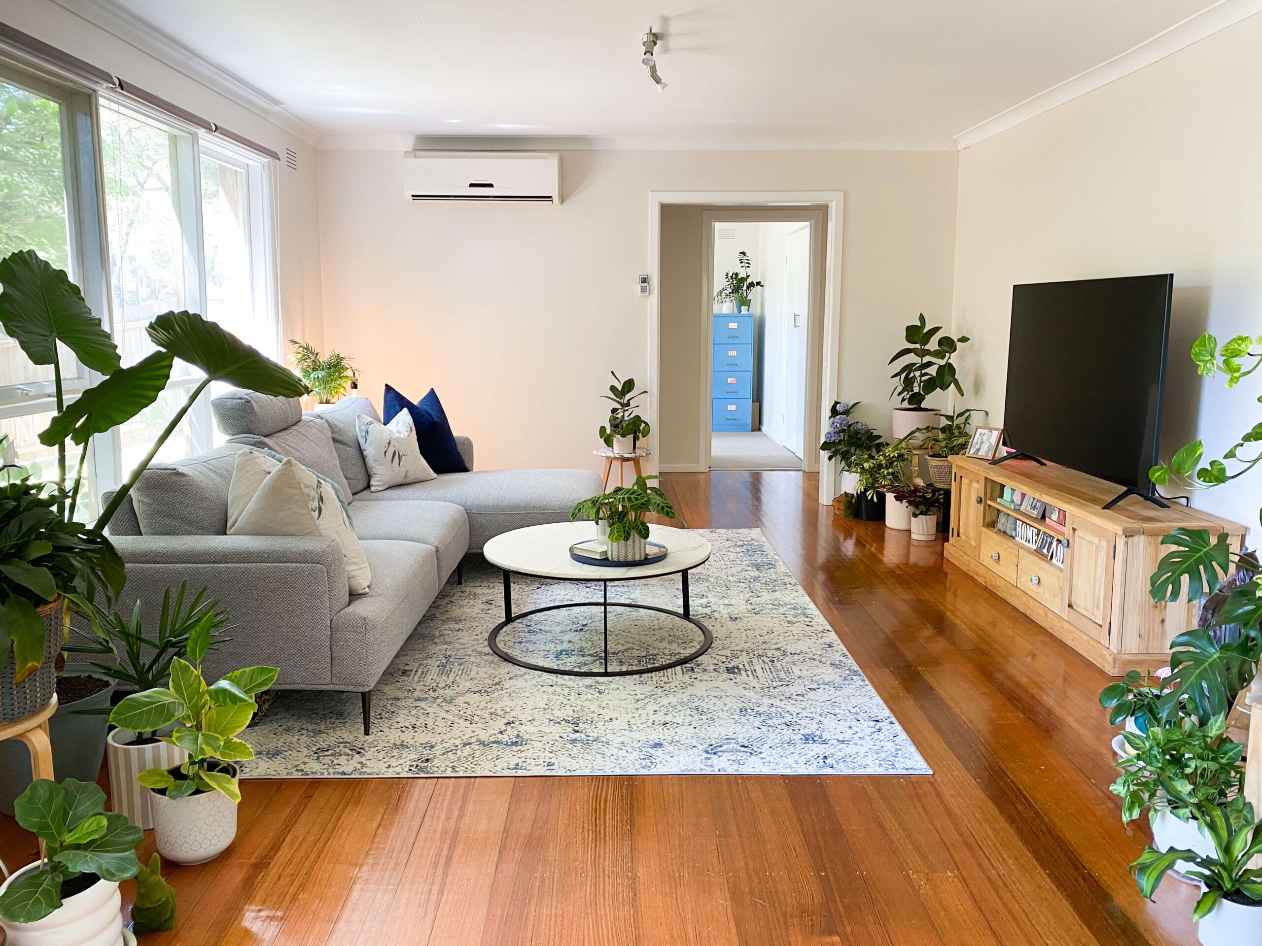 living room with lots of natural light and green plants