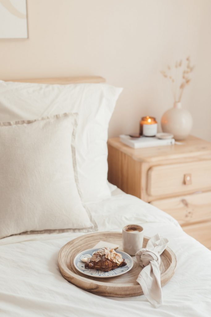 Cosy home bedroom. breakfast in bed