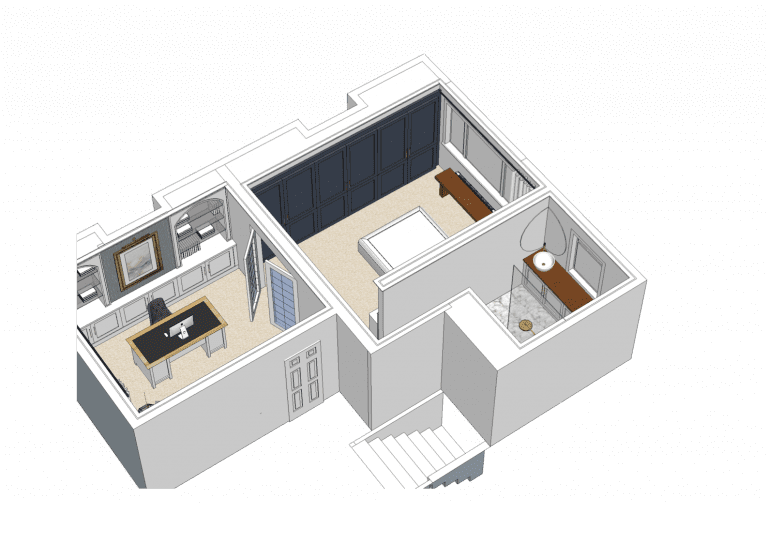 3D birds eye view of master bedroom with french doors