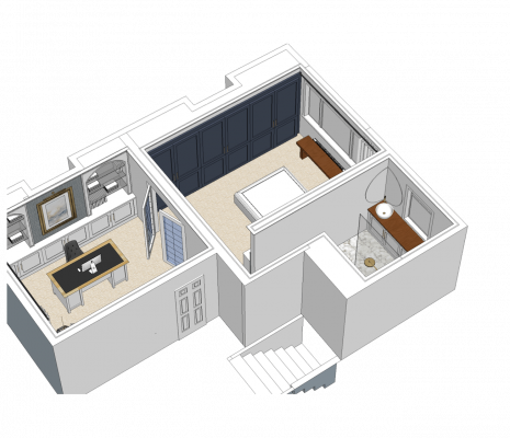3D plan of master suite 3D birds eye view of master bedroom with french doors