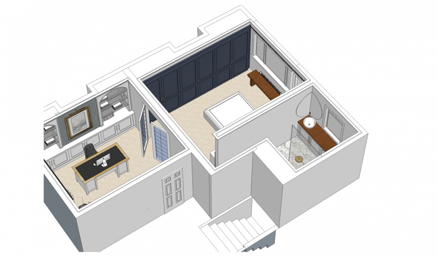 3D plan of master suite 3D birds eye view of master bedroom with french doors