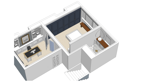 3D birds eye view of master bedroom with french doors