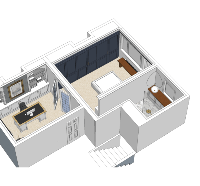 3D birds eye view of master bedroom with french doors