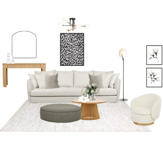 Mood board living room off white sofa with loose back cushions