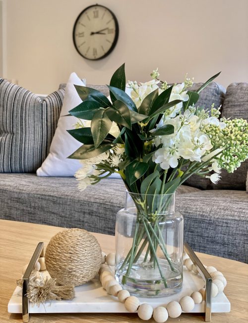 Coffee table styling with wooden beads