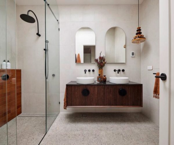 Brown tile bathroom design
